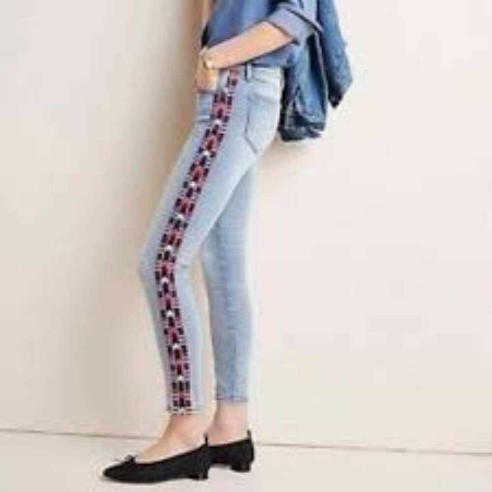 Driftwood Sundance Jackie high-rise embroidered Aztec skinny ankle jeans, sz 26